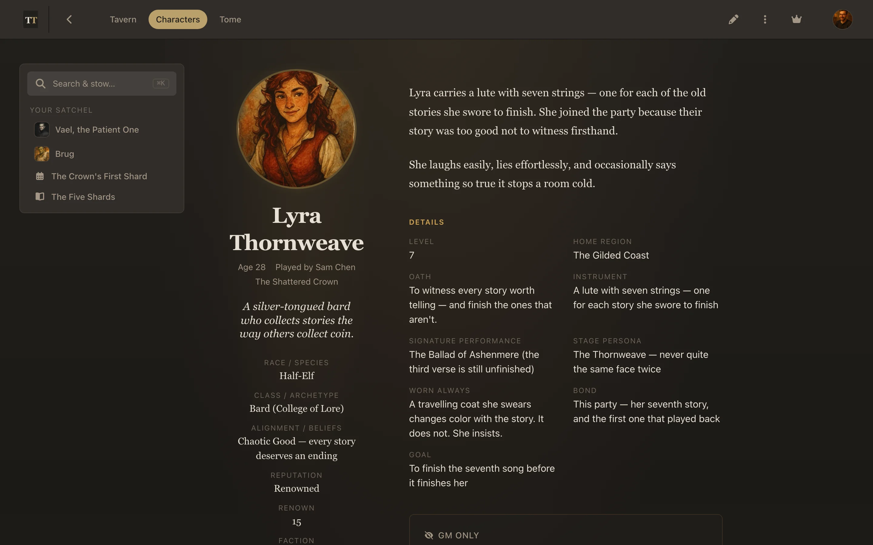 A full character profile: portrait, identity line, and creative fields that read like a character, not a spreadsheet.
