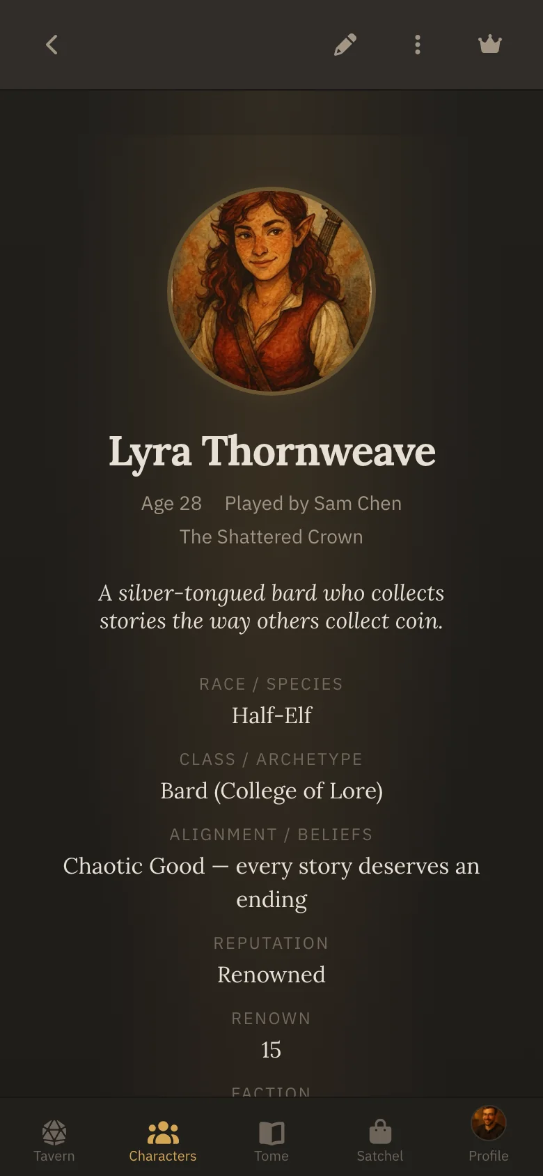 A character profile on a phone.