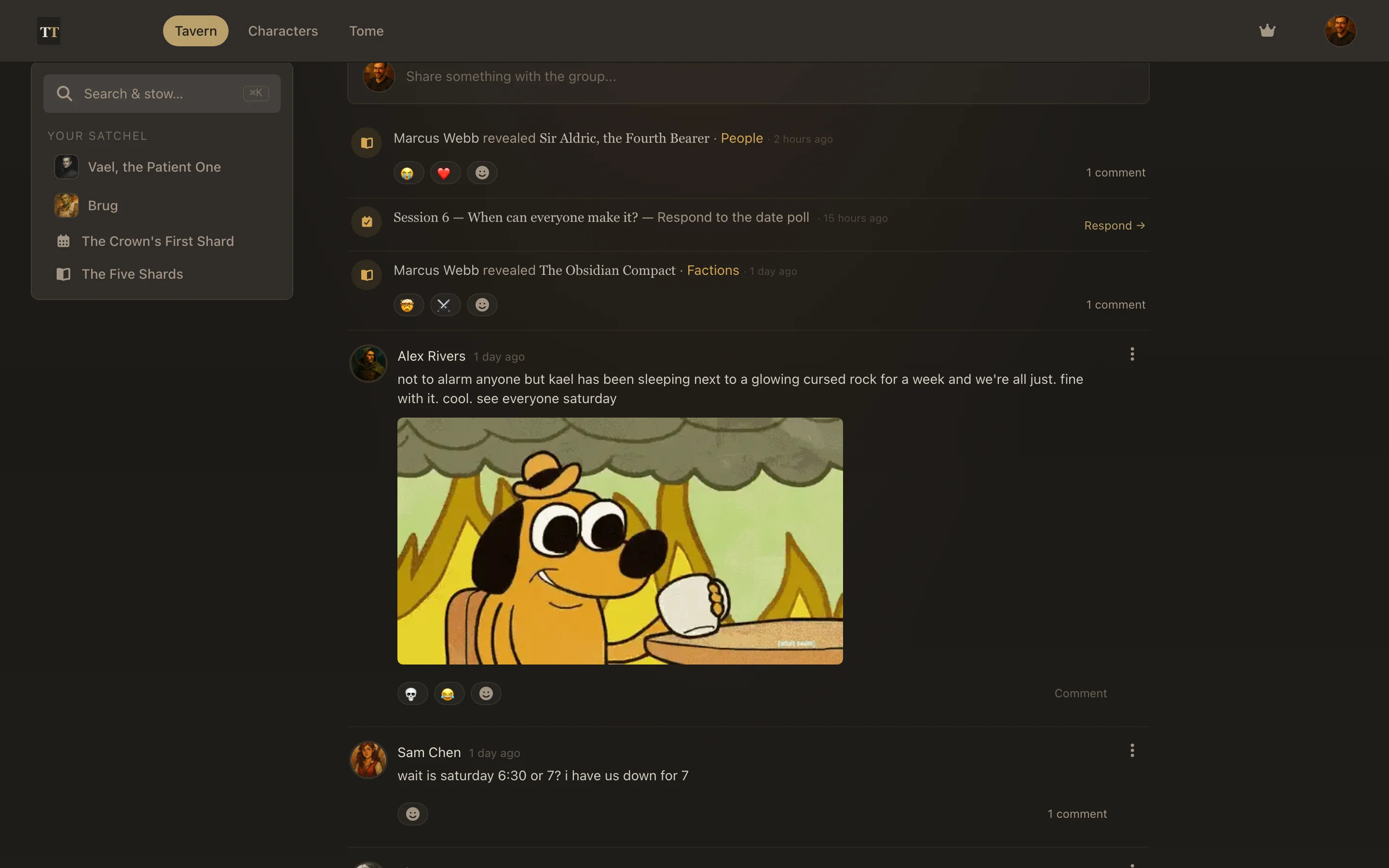 The Tavern feed mid-scroll: a GIF post, table banter about session timing, and reactions and comments from the party.