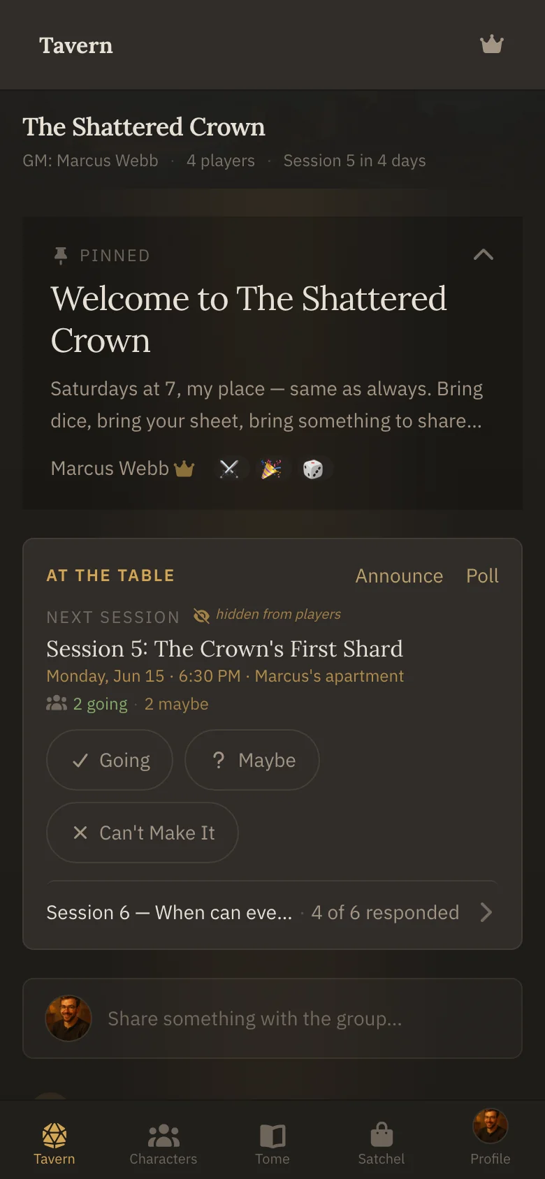 The Tavern on a phone: an announcement, a session card with RSVPs, and the tab bar.