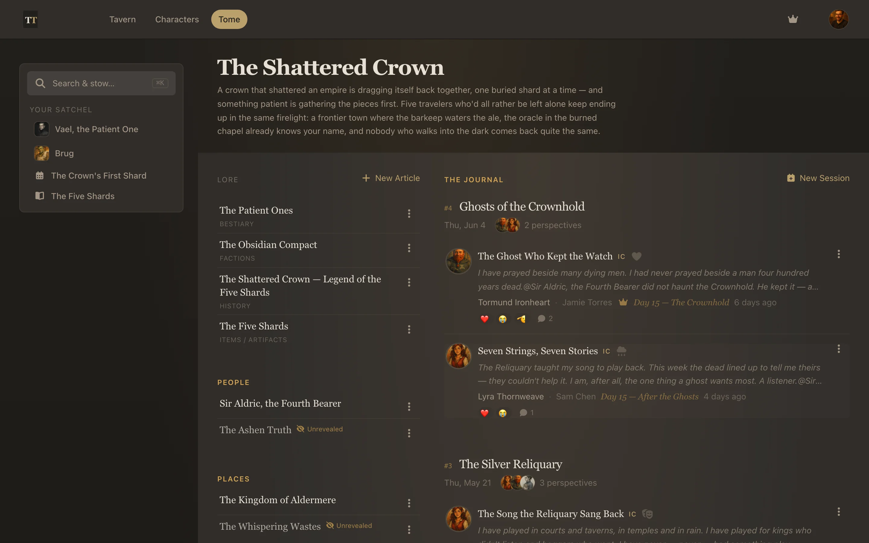 The Tome, the campaign's compendium: description, a lore index, and journal entries grouped by session.